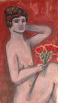 Ivan Jimenez -Escultura con flores - 75x125 - Oleo - Tela