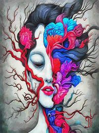 GASPAR LI - El rostro entre ra&iacute;ces y flores - 60x80 - Oleo - Lienzo